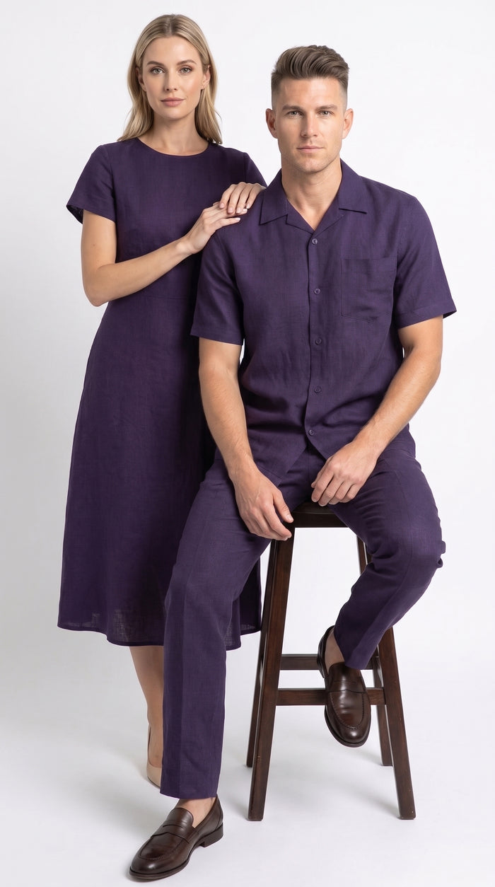 Men’s Dark Navy Linen Walking Suit, Short Sleeve Shirt and Pants Casual Summer Set