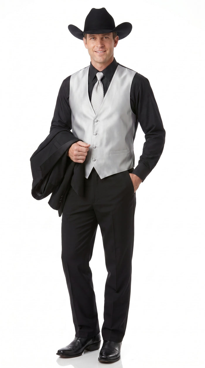 Men’s Black Western Cowboy Suit, Country Wedding Tuxedo with Silver Vest