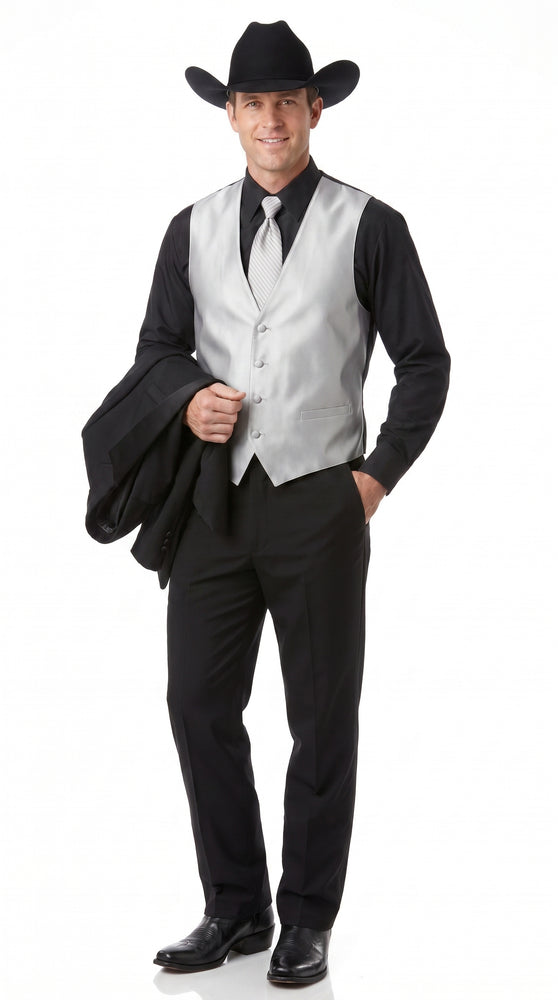 Men’s Black Western Cowboy Suit, Country Wedding Tuxedo with Silver Vest