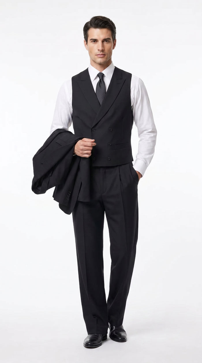 Tiglio Men’s Black Double Breasted Wool Suit, Super 150s Italian Fabric Wide Leg Vested Suit