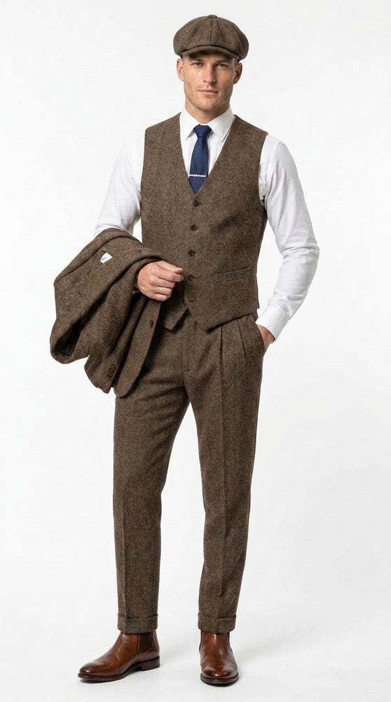Men’s Brown Tweed Peaky Blinders Suit, Classic Vintage 3 Piece Gentleman’s Dress Suit