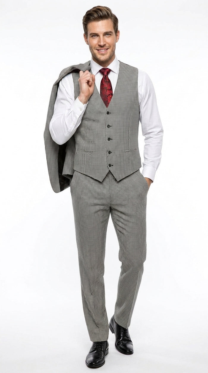Men’s Black and White Houndstooth Tweed 3 Piece Suit, Vested 2 Button Formal Dress Suit