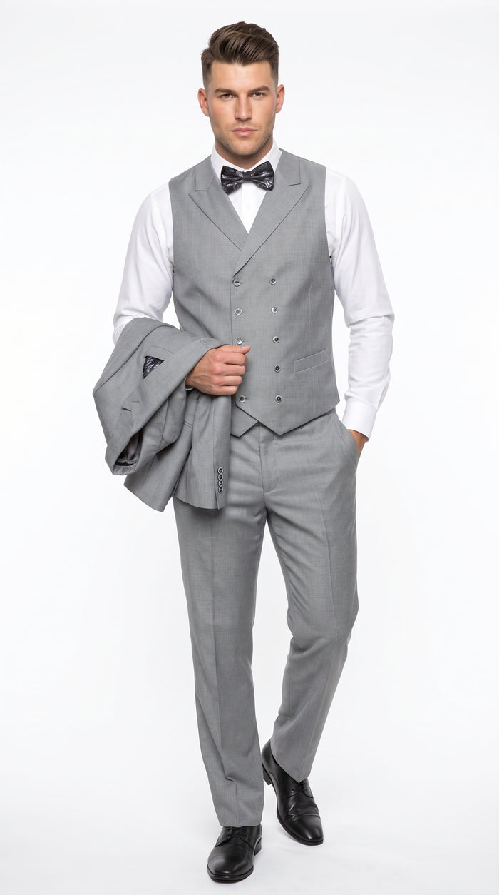 Men’s Big and Tall Classic Gray 3 Piece Suit, Plus Size Peak Lapel Formal Wedding Business Suit