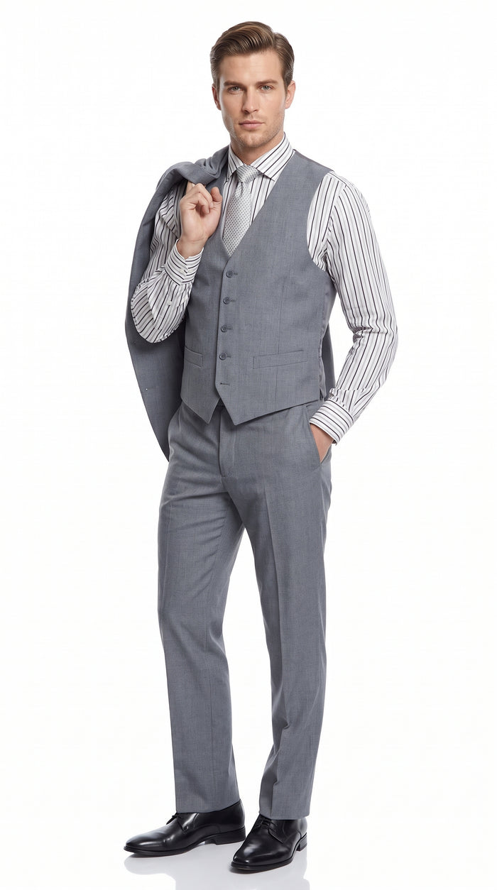 Men’s Mid Gray 3 Piece Suit, Modern Fit 2 Button Vested Formal Wedding Business Suit