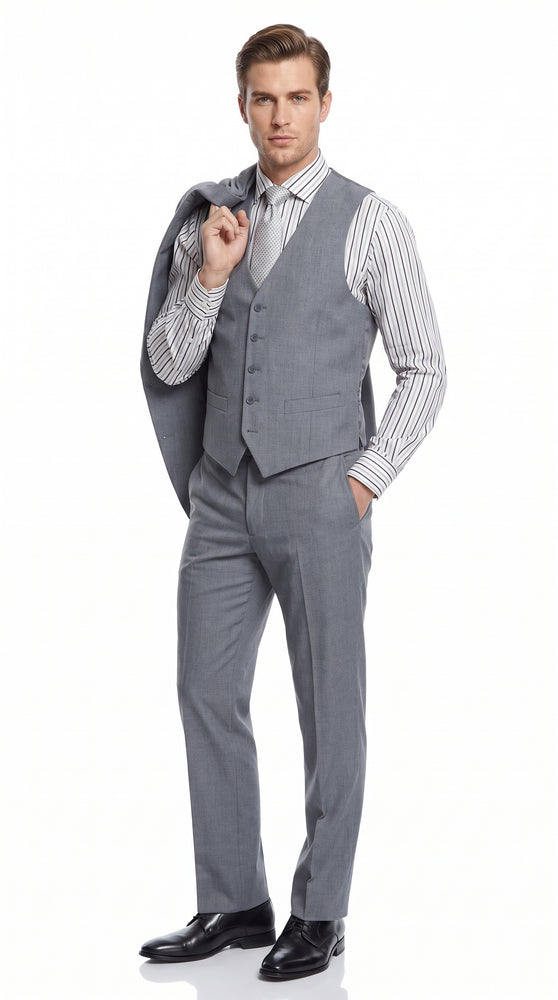 Men’s Mid Gray 3 Piece Suit, Modern Fit 2 Button Vested Formal Wedding Business Suit