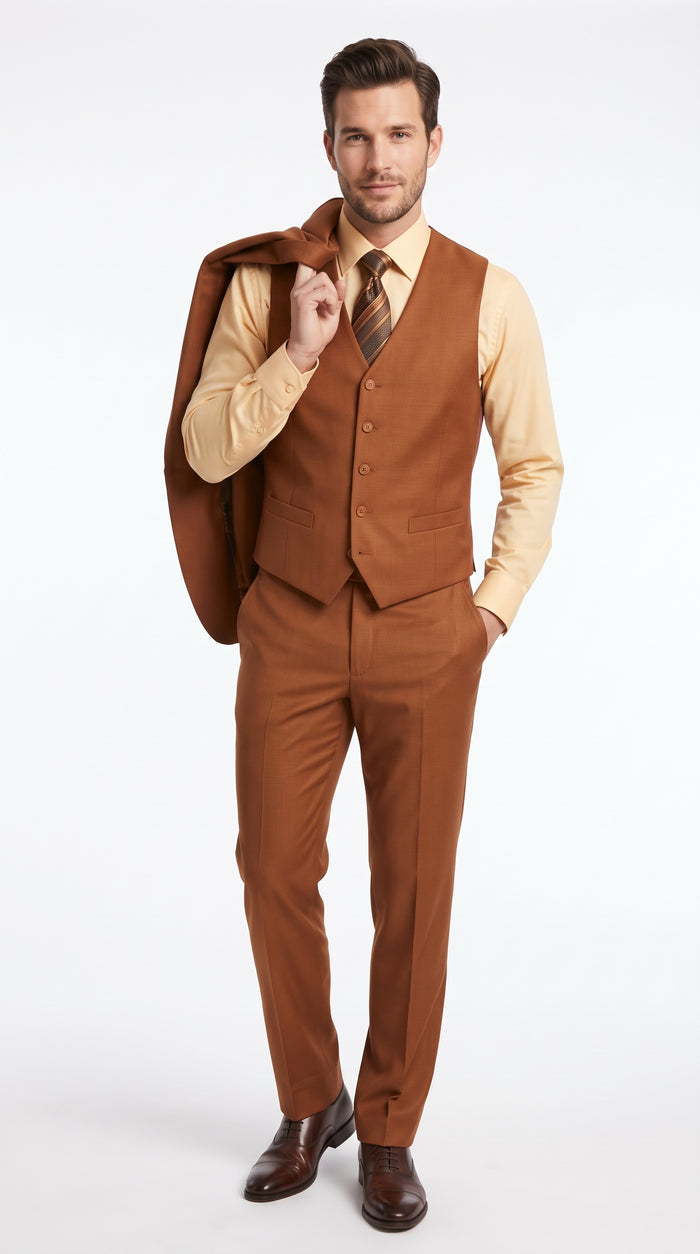 Men’s Copper Rust 3 Piece Vested Suit, Solid 2 Button Formal Wedding Business Suit