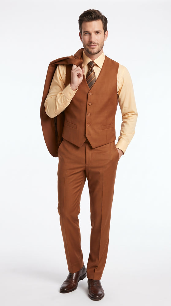 Men’s Copper Rust 3 Piece Vested Suit, Solid 2 Button Formal Wedding Business Suit