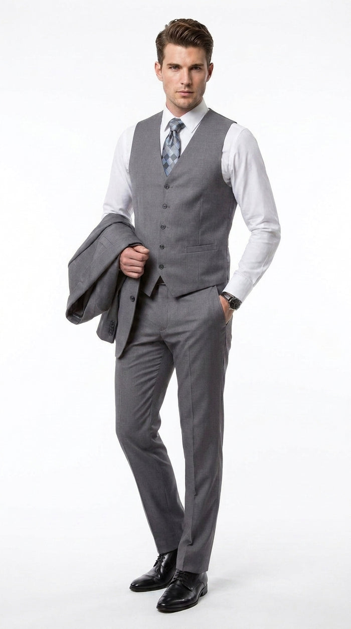 Men’s Charcoal Grey 3 Piece Suit, Notch Lapel 2 Button Vested Formal Business Dress Suit