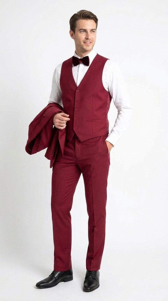 Men’s Red 3 Piece Suit, Tapered European Cut Formal Wedding Prom Suit