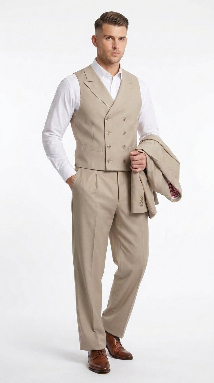 Tiglio Rosso Men’s Tan 3 Piece Italian Wool Suit, Classic Fit Peak Lapel Wide Leg Dress Suit