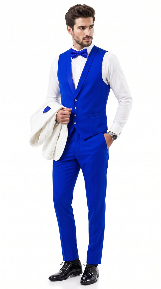 Men’s White and Royal Blue Tuxedo Wedding Suit – White Dinner Jacket with Royal Blue Vest, Pants & Bow Tie