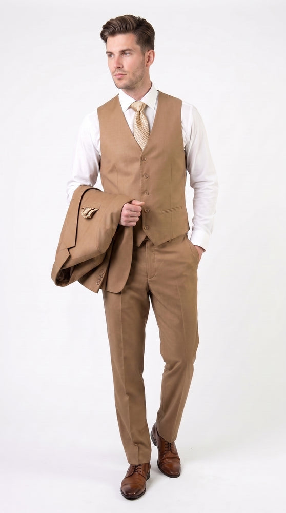 Men’s Camel Vested Suit, 3 Piece Formal Wedding Business Dress Suit