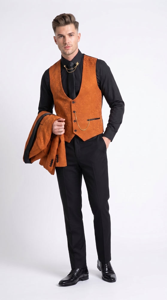 Men’s Burnt Orange Floral Brocade Tuxedo, Designer Formal Wedding Prom Dinner Suit