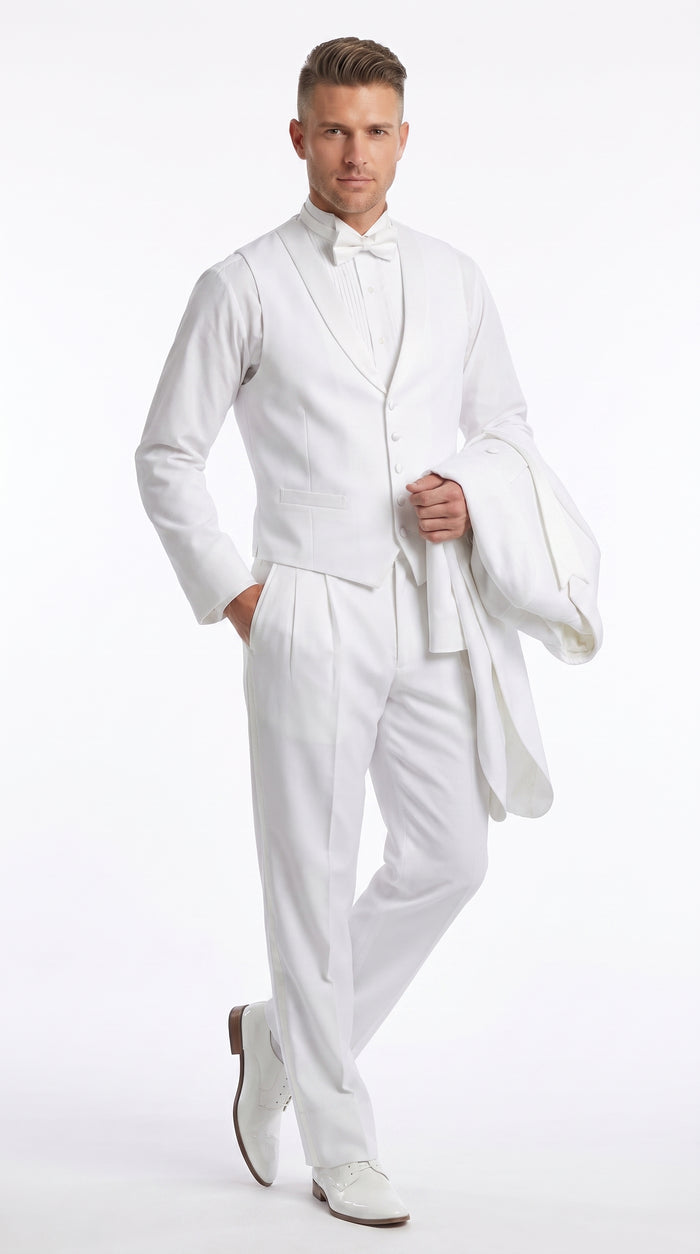 Men’s White Tailcoat Tuxedo with Lapelled Vest, Formal Wedding White Tie Tail Suit