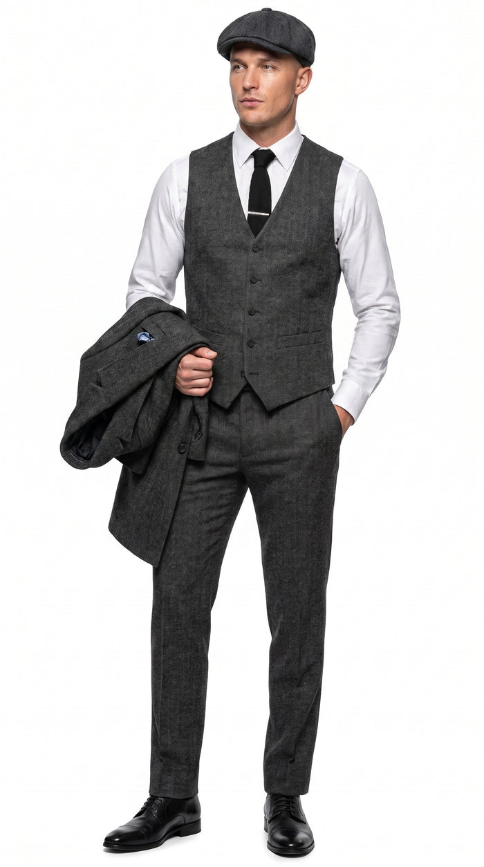 Men’s Charcoal Great Gatsby 3 Piece Suit, 1920s Gangster Vintage Formal Dress Suit
