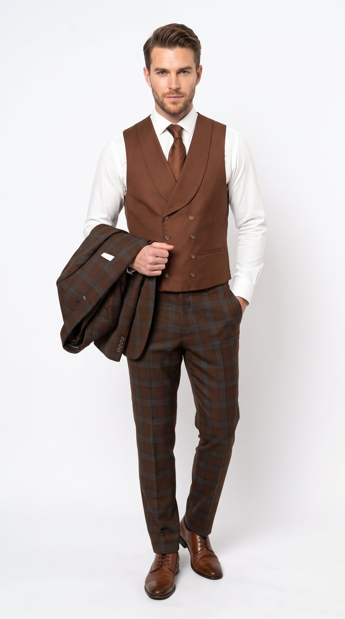 Statement Men’s Brown Plaid 3 Piece Wool Suit, Classic Fashion Suit with Double Breasted Vest