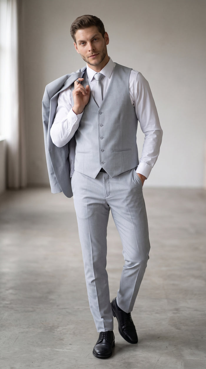 Men's Zegarie Light Grey 3-Piece Suit – One-Button Notch Lapel Jacket with Matching Vest and Pants for Weddings, Prom & Business