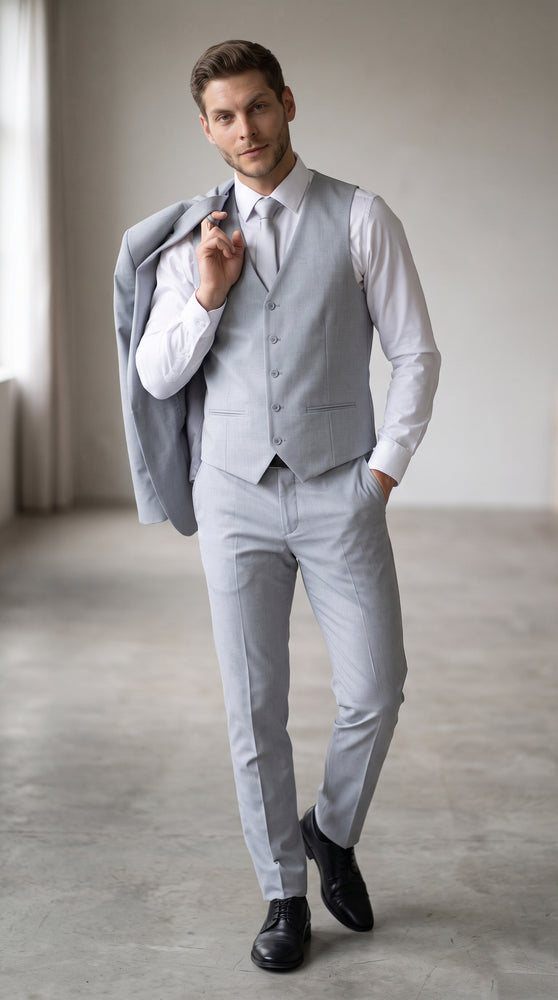 Men's Zegarie Light Grey 3-Piece Suit – One-Button Notch Lapel Jacket with Matching Vest and Pants for Weddings, Prom & Business