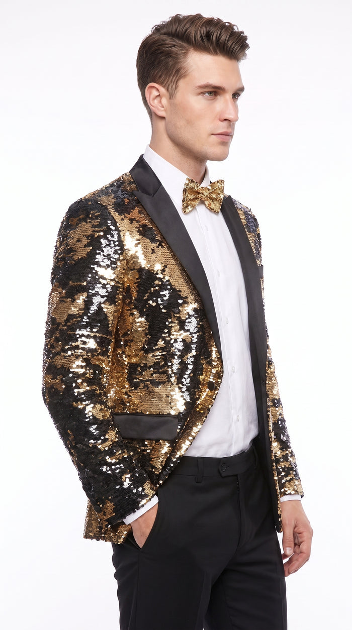 Men’s Big and Tall Black and Gold Sequin Blazer, Shiny Formal Tuxedo Sport Coat with Matching Bow Tie