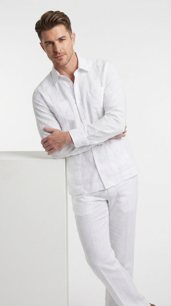 Men’s White 4 Pocket Short Sleeve Guayabera Shirt, Pleated Casual Dress Shirt