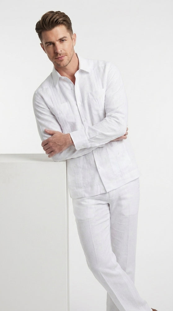 Men’s White 4 Pocket Short Sleeve Guayabera Shirt, Pleated Casual Dress Shirt
