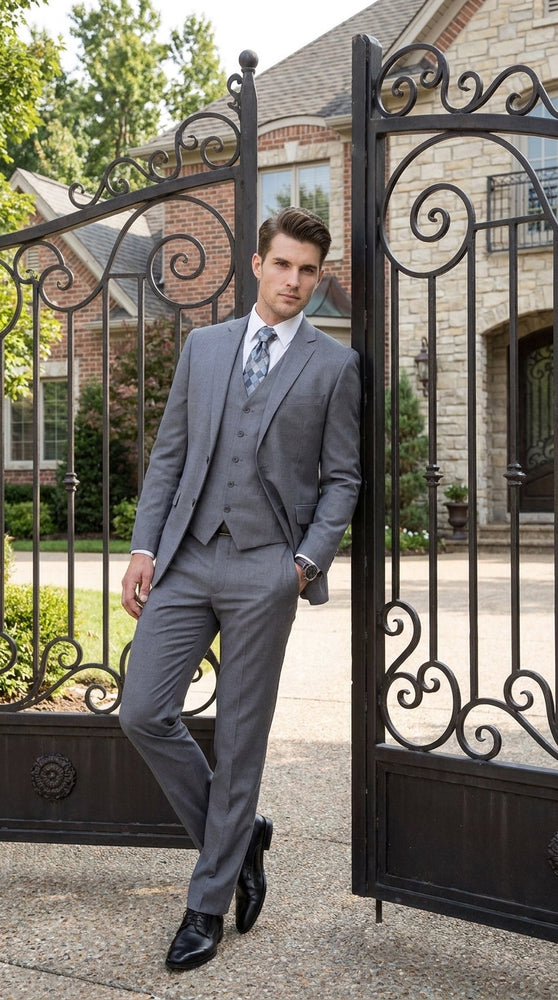 Men’s Charcoal Grey 3 Piece Suit, Notch Lapel 2 Button Vested Formal Business Dress Suit