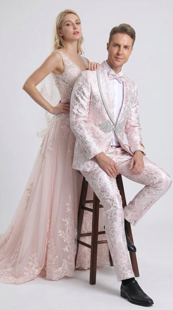 Men’s Pink Floral Paisley Prom Tuxedo with Silver Trim, Fancy Wedding Party Dinner Jacket Suit