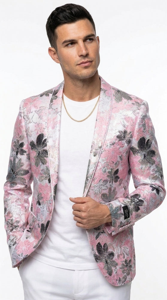Men’s Pink Paisley Shawl Lapel Prom Tuxedo Jacket, Floral Formal Wedding Dinner Blazer
