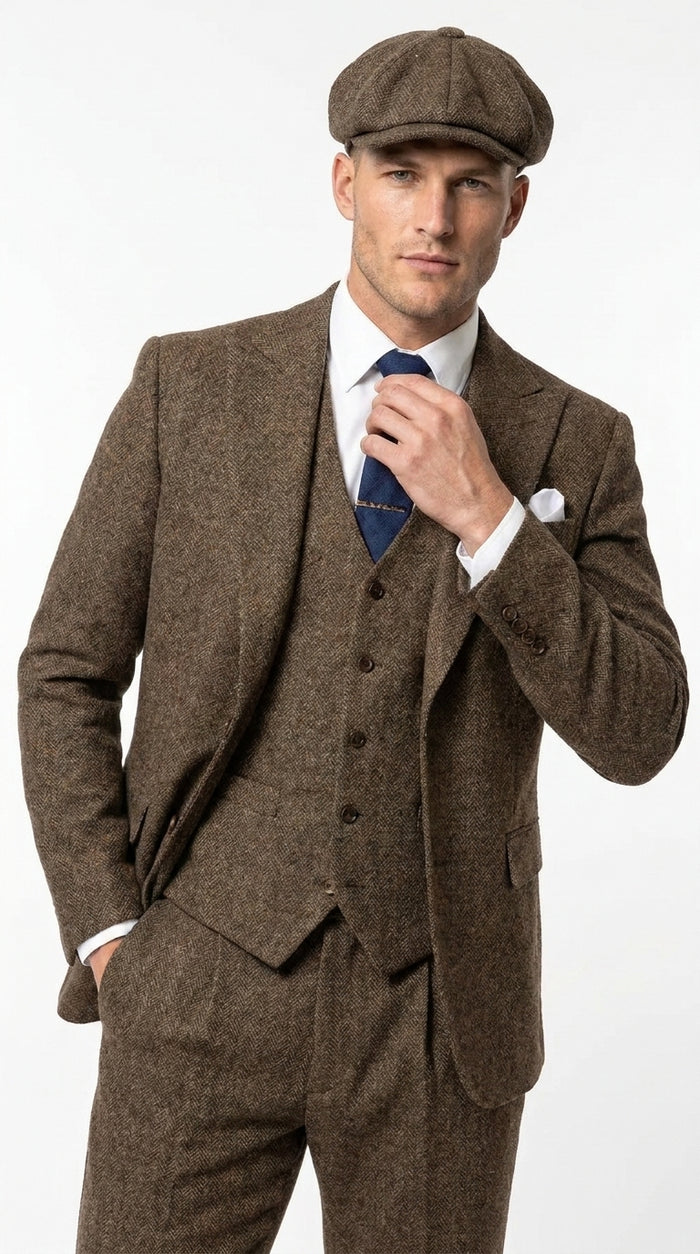 Men’s Brown Tweed Peaky Blinders Suit, Classic Vintage 3 Piece Gentleman’s Dress Suit