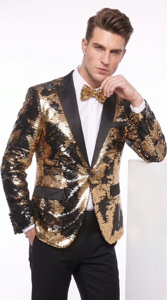 Men’s Big and Tall Black and Gold Sequin Blazer, Shiny Formal Tuxedo Sport Coat with Matching Bow Tie