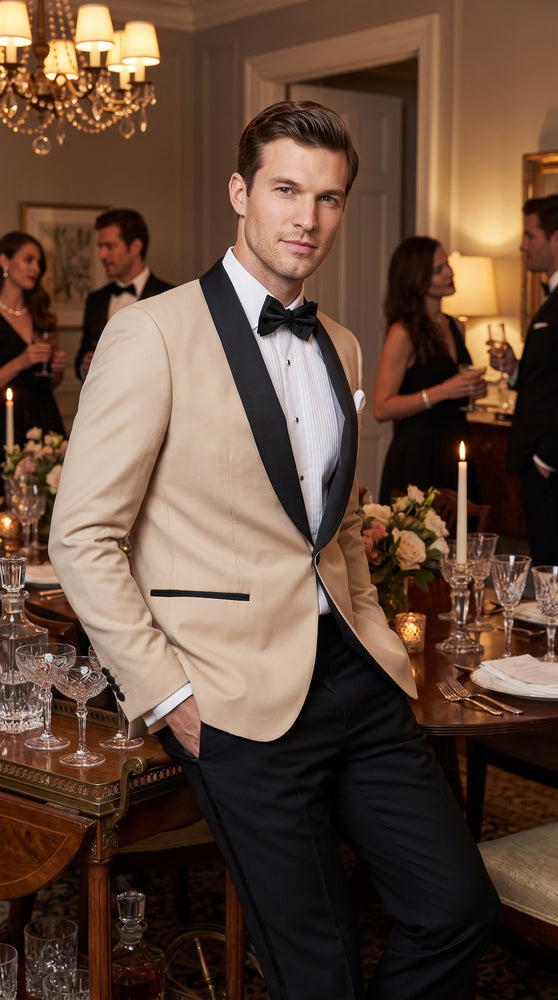 Men’s Champagne Light Tan Tuxedo Jacket with Black Shawl Lapel, One Button Formal Dinner Blazer