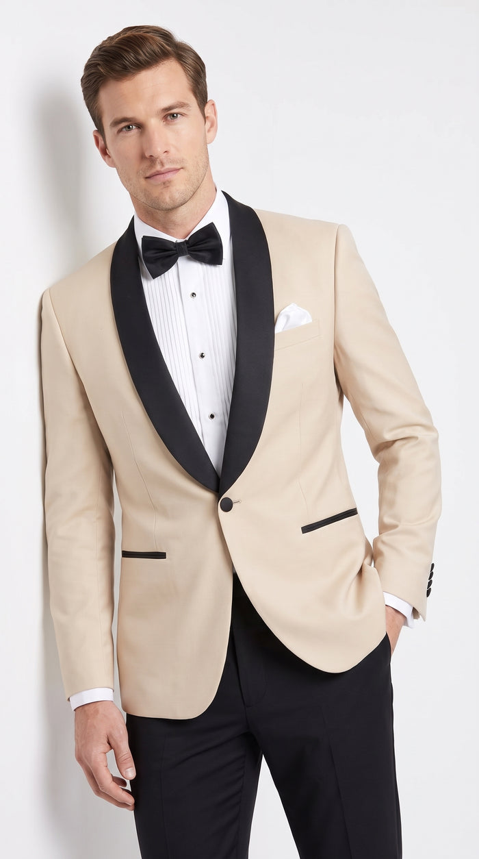 Men’s Champagne Light Tan Tuxedo Jacket with Black Shawl Lapel, One Button Formal Dinner Blazer
