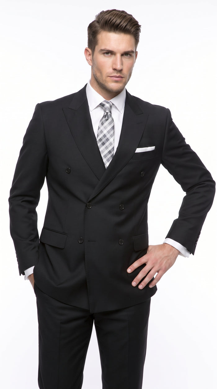 Statement Confidence Men’s Black Double Breasted Wool Suit, Italian Design Formal Wedding Business Suit