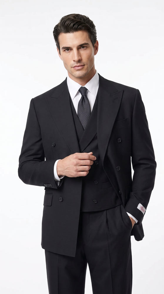 Tiglio Men’s Black Double Breasted Wool Suit, Super 150s Italian Fabric Wide Leg Vested Suit