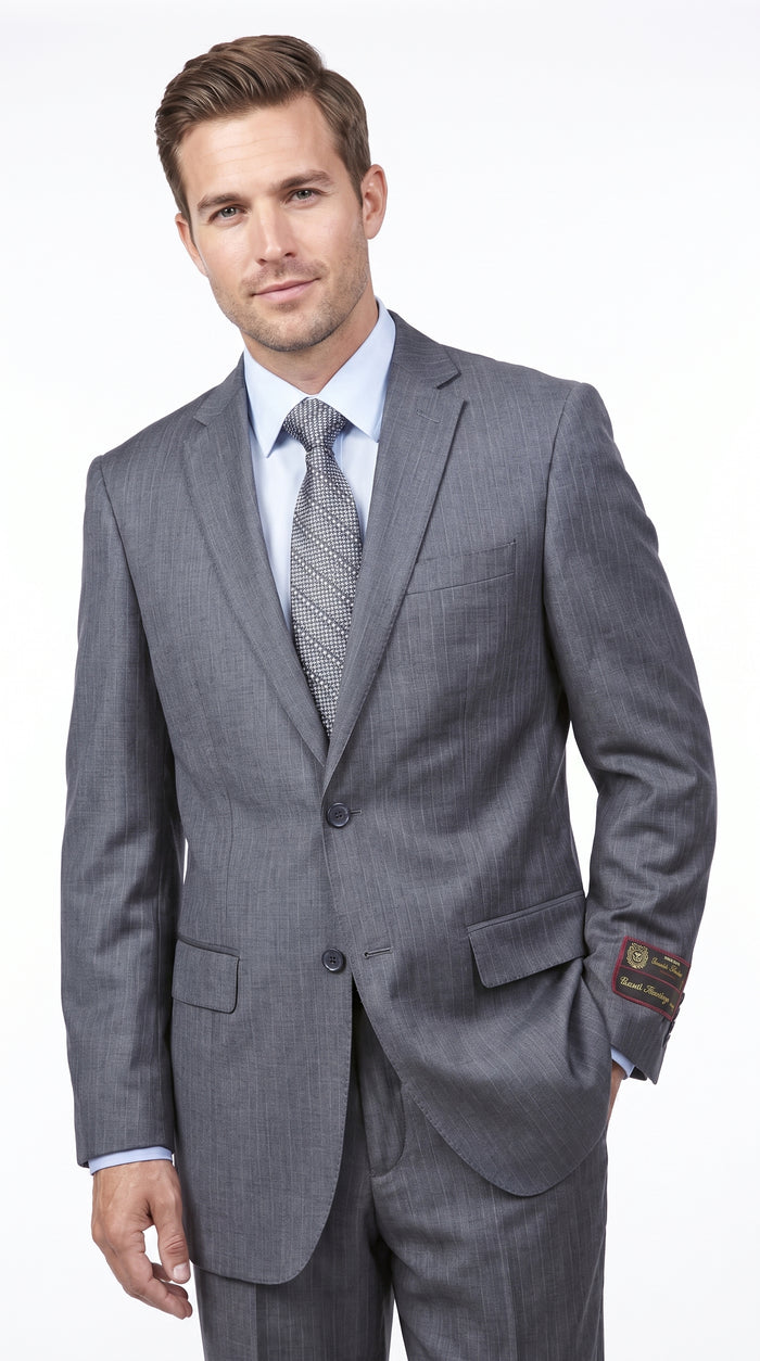 Men’s Grey Pinstripe 2 Button Suit, 2 Piece Business Wedding Formal Dress Suit