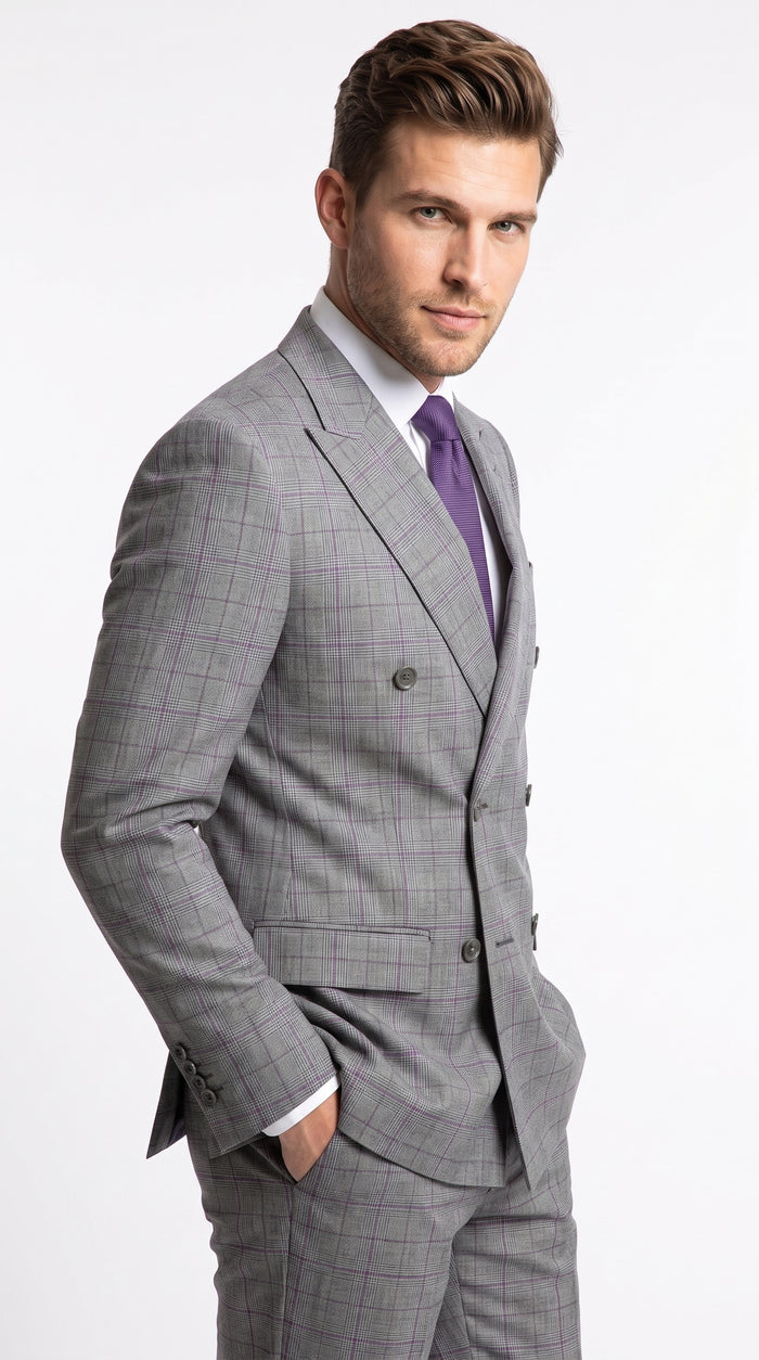 Men’s Grey Glen Plaid Double Breasted Suit, Classic Wool Feel Formal Wedding Business Suit