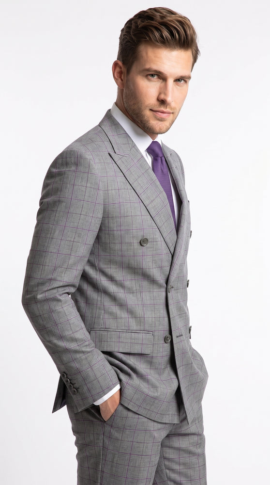 Men’s Grey Glen Plaid Double Breasted Suit, Classic Wool Feel Formal Wedding Business Suit