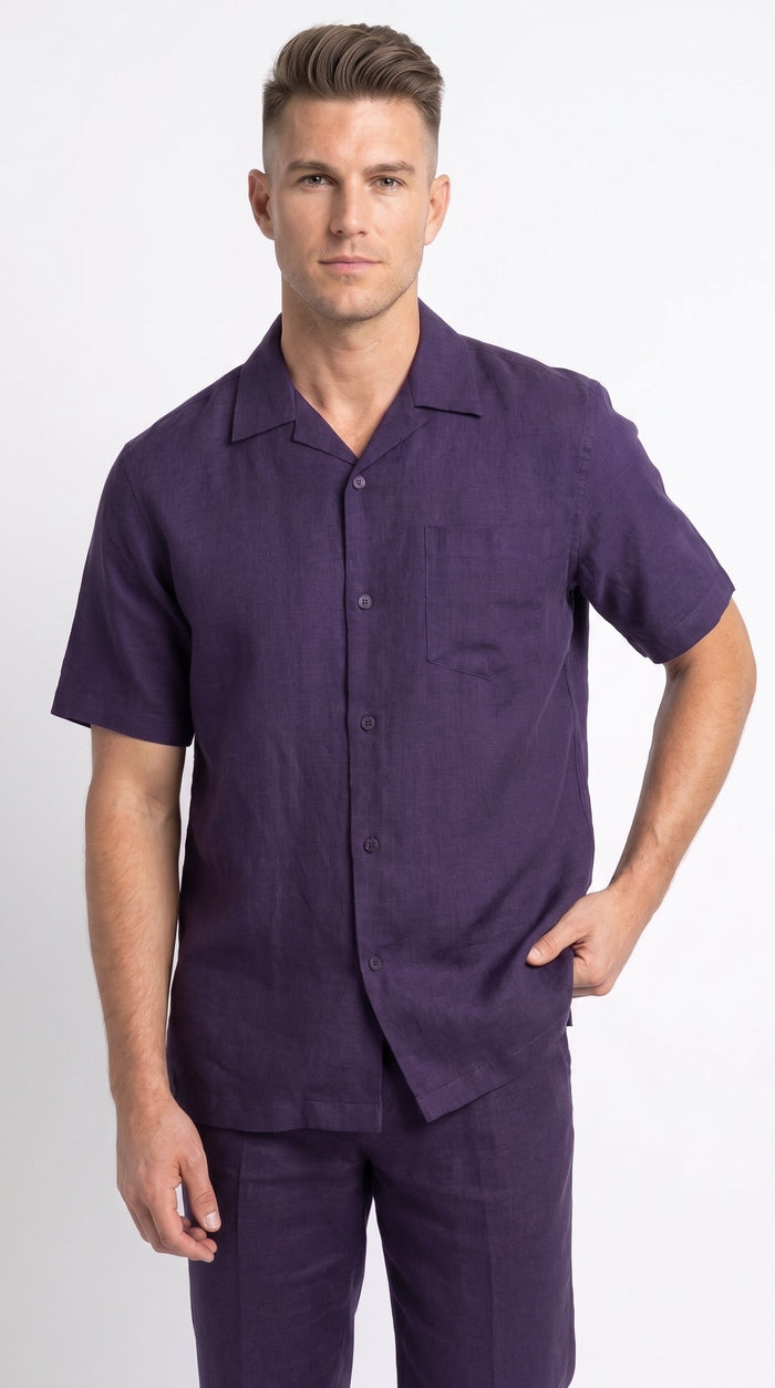 Men’s Dark Navy Linen Walking Suit, Short Sleeve Shirt and Pants Casual Summer Set