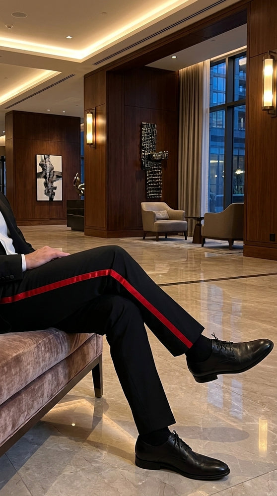 Men’s Black Tuxedo Pants with Red Satin Side Stripe, Classic Fit Flat or Pleated Formal Slacks