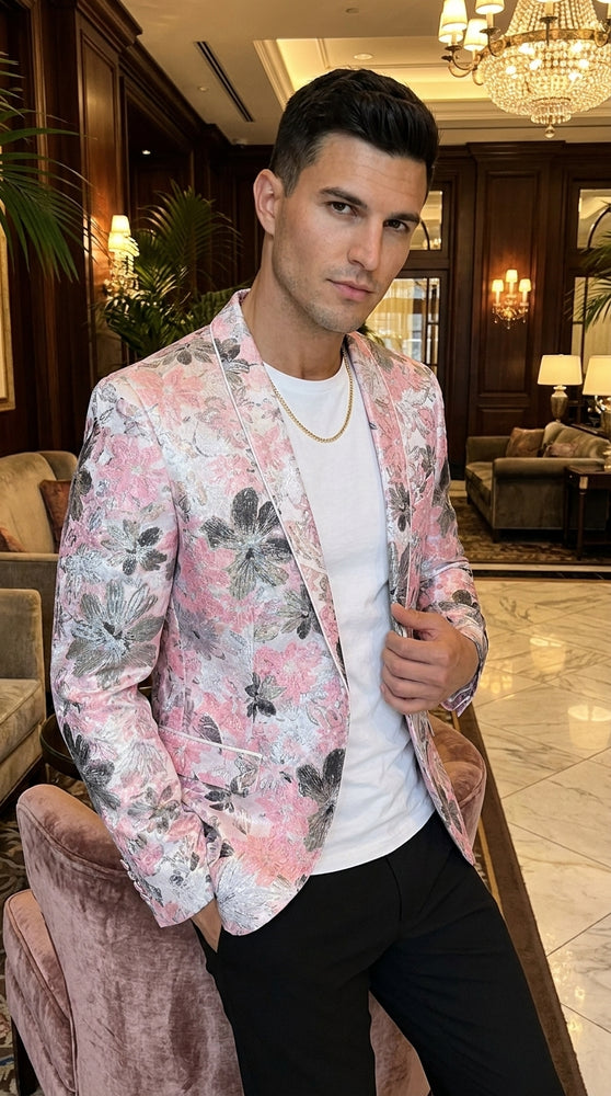 Men’s Pink Paisley Shawl Lapel Prom Tuxedo Jacket, Floral Formal Wedding Dinner Blazer