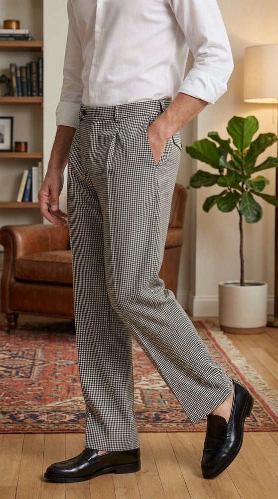Men’s Black and White Houndstooth Wide Leg Pants with Matching Double Breasted Vest, 100% Wool Checker Dress Set