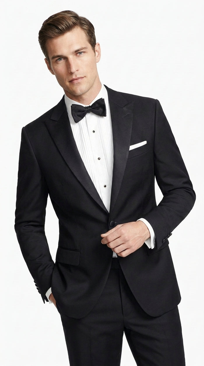 Men’s Black 100% Worsted Wool Tuxedo, Peak Lapel Formal Wedding Prom Dinner Suit