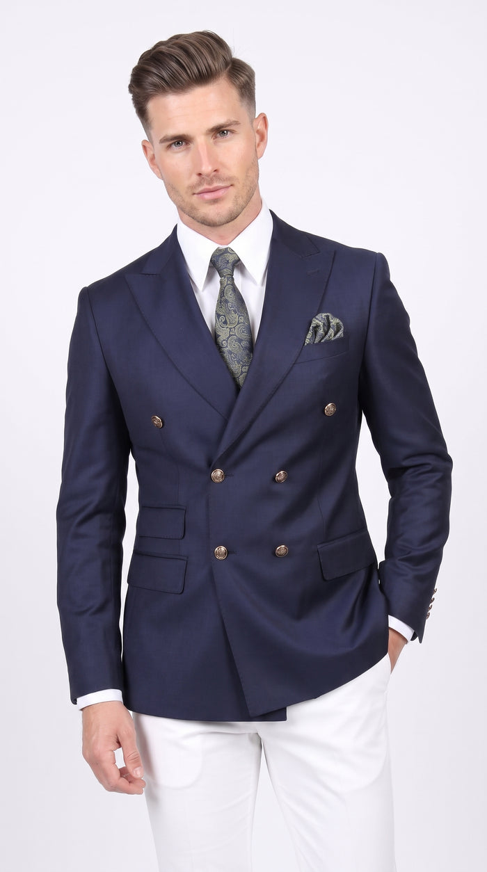 Men’s Navy Blue Double Breasted Blazer, Formal Sport Coat with Gold Buttons