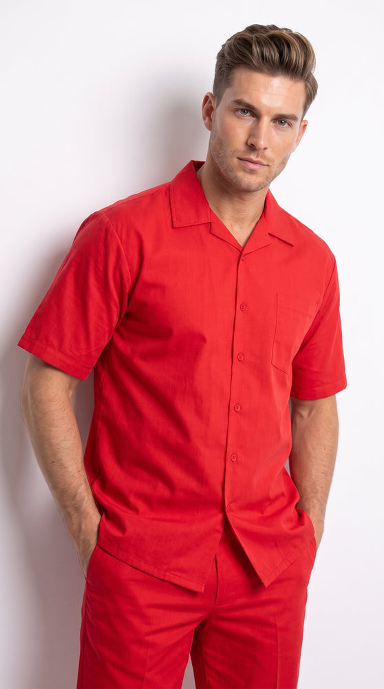 Men’s Red Linen Shirt and Pants Set – 2 Piece Short Sleeve Summer Walking Suit Casual Outfit