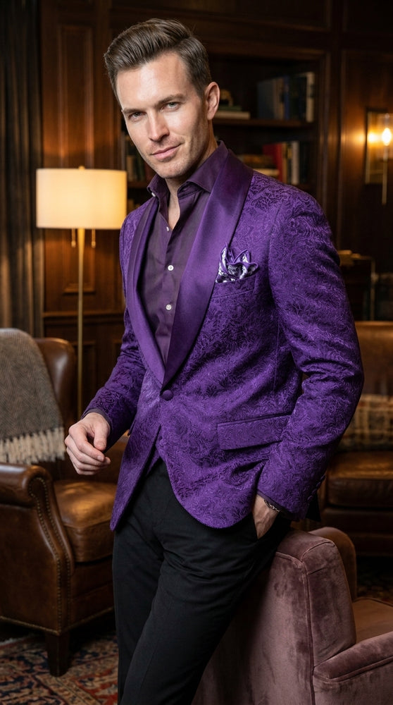 Men’s Purple Paisley Blazer, Floral Sport Coat Formal Party Jacket for Wedding and Prom
