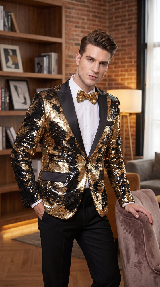 Men’s Big and Tall Black and Gold Sequin Blazer, Shiny Formal Tuxedo Sport Coat with Matching Bow Tie