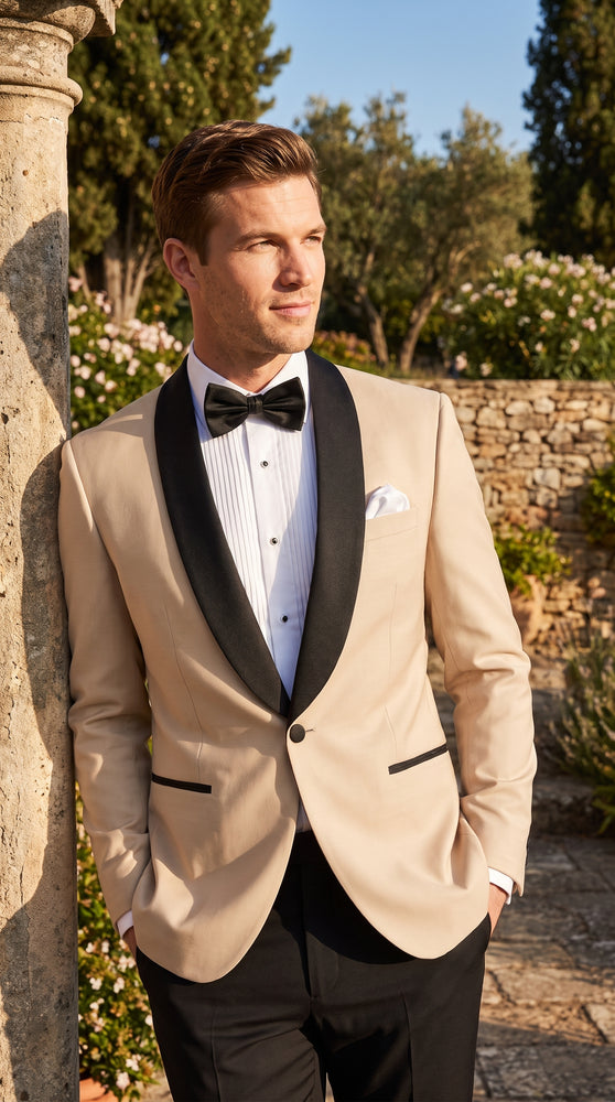 Men’s Champagne Light Tan Tuxedo Jacket with Black Shawl Lapel, One Button Formal Dinner Blazer