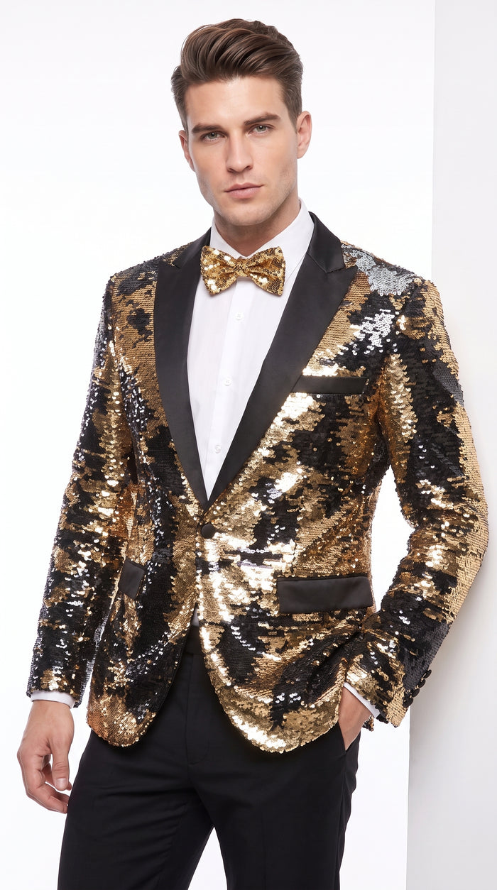 Men’s Big and Tall Black and Gold Sequin Blazer, Shiny Formal Tuxedo Sport Coat with Matching Bow Tie