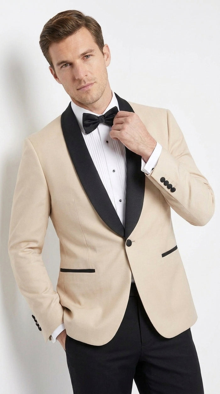Men’s Champagne Light Tan Tuxedo Jacket with Black Shawl Lapel, One Button Formal Dinner Blazer