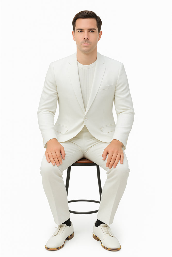 Mens Two Piece Linen Suit Relaxed Hybrid Fit No Collar